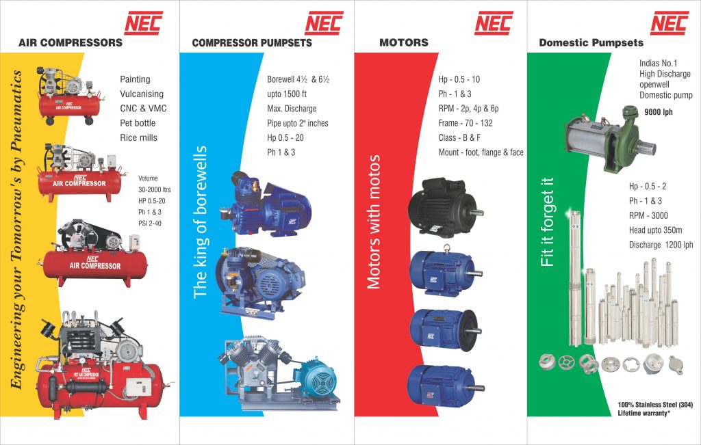 Air Compressors pumpsets motors domestic pumpsets broucher